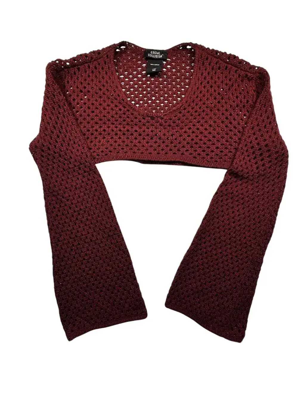 Social Collision Burgundy Open Knit Fishnet Crop Top Sweater - Picture 2 of 3